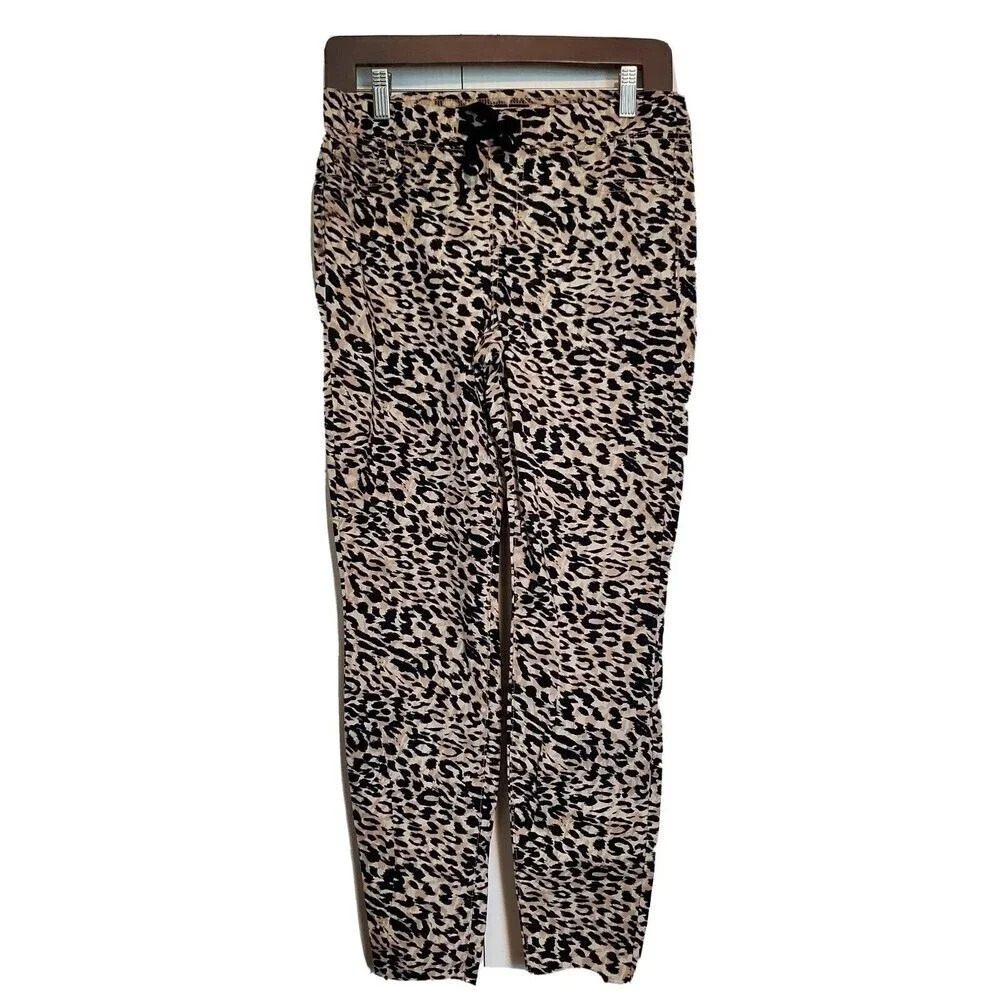 062) L.E.I Womens Pants Pull On Leopard Print M Black Tan Drawstring Wide Band